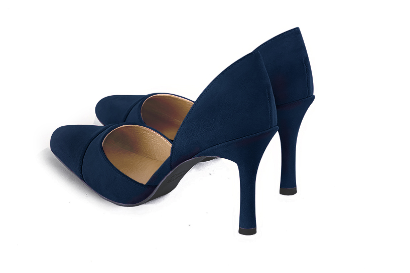 Navy blue women's open arch dress pumps. Round toe. Very high slim heel. Rear view - Florence KOOIJMAN